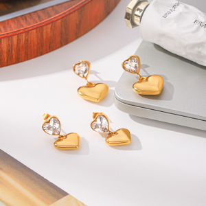 Boucles D'Oreilles Pendantes Pour Femme En Acier Inoxydable, Imperméables, Couleur Or, Avec Zircon Et Motif Cœur h5 Image4