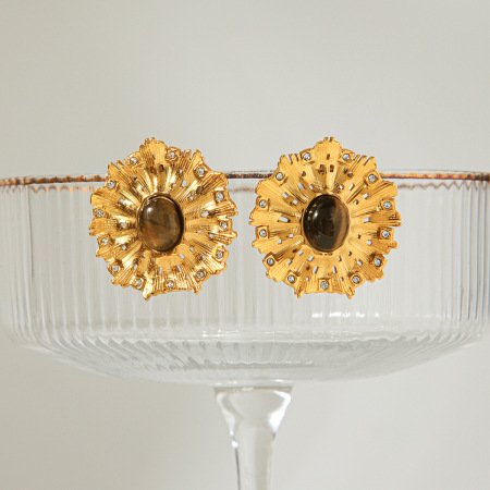 Boucles d'oreilles puces pour femmes, forme soleil rétro, en acier inoxydable, couleur or, imperméables, avec pierre naturelle et zircon.