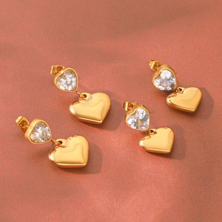 Boucles d'oreilles pendantes pour femme en acier inoxydable, imperméables, couleur or, avec zircon et motif cœur