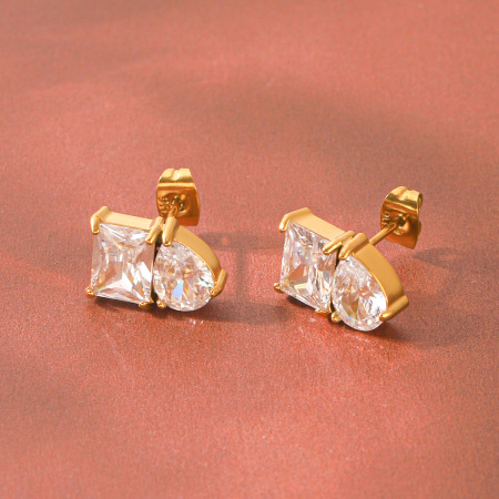 Boucles D'Oreilles Puces Pour Femmes, En Acier Inoxydable Doré, Imperméables, En Forme De Goutte, Avec Zircon Rectangulaire Et Monture En Forme De Goutte