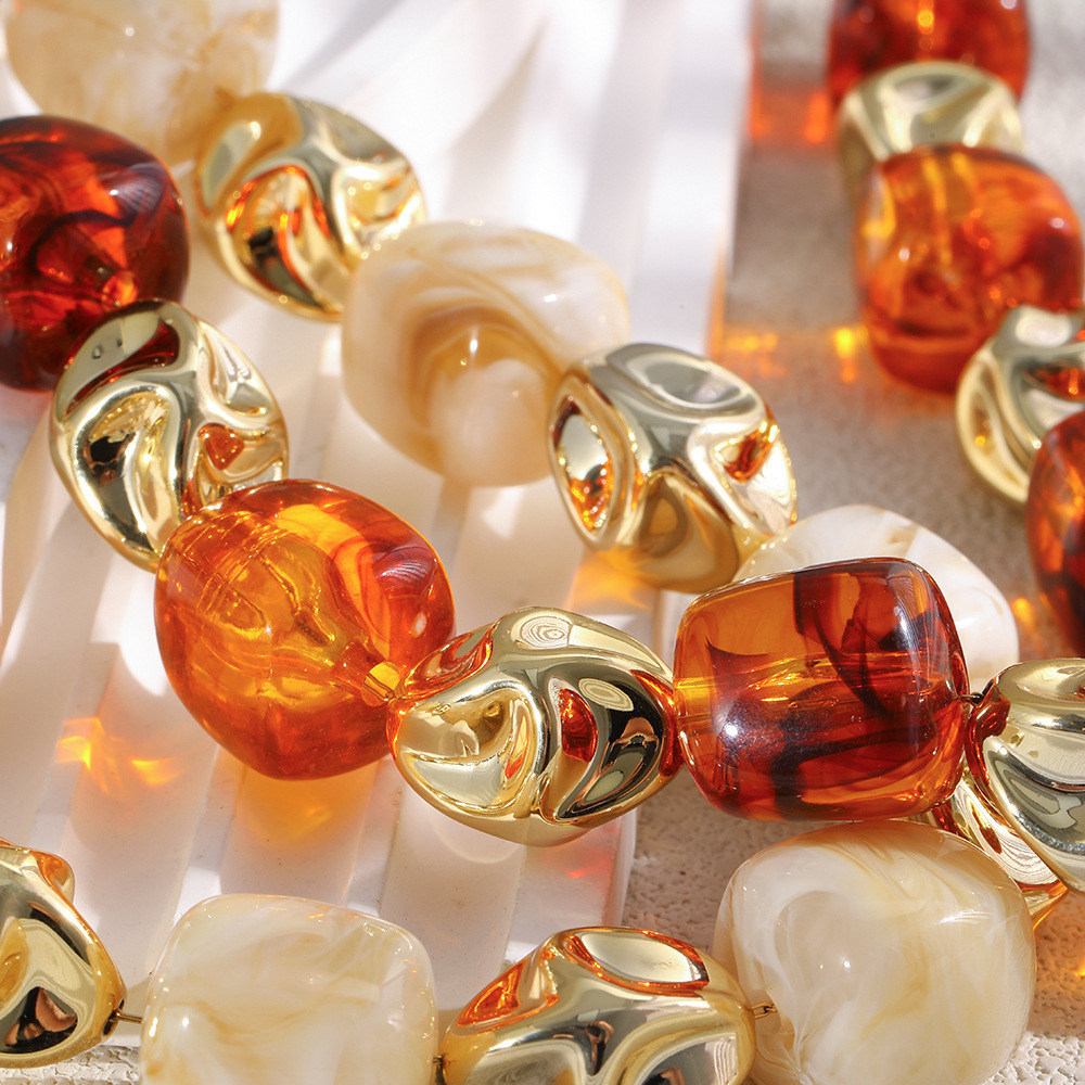 Colliers De Perles Pour Femmes, Collection Simple Series, Style Rétro, Formes Irrégulières, En Résine Couleur Or Image4