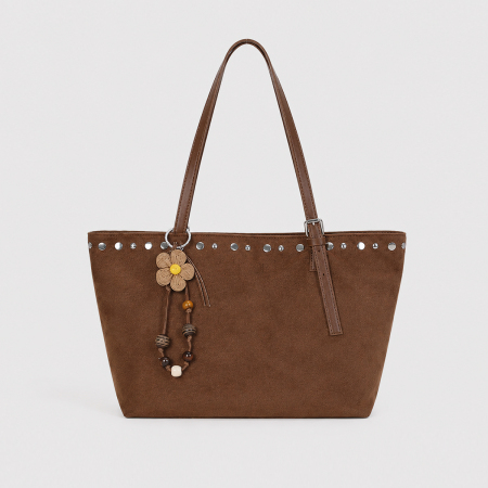 Sacs cabas pour femmes en daim uni, style parisien chic, ornés de clous (Le charm n'est pas inclus.)