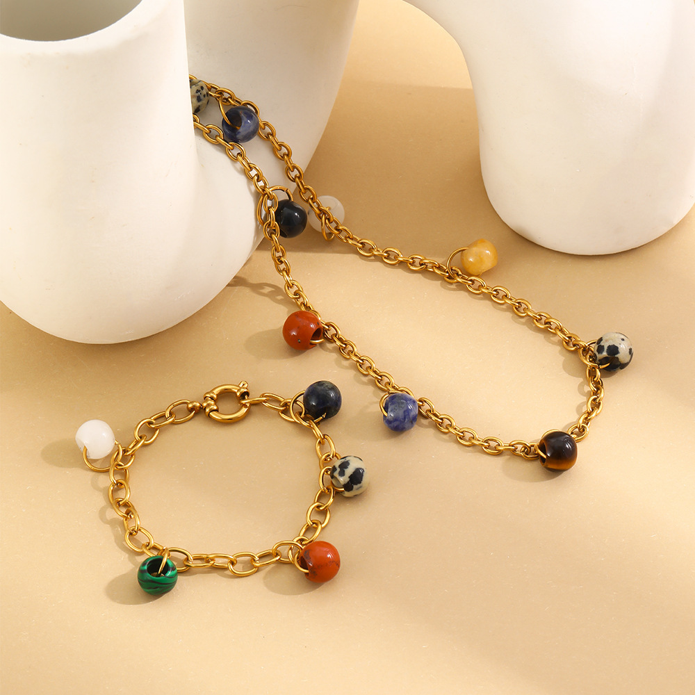 Collier Pendentif Femme Style Rétro, Chaîne Ronde, Acier Inoxydable, Couleur Or, Pierre Naturelle, Étanche Image4