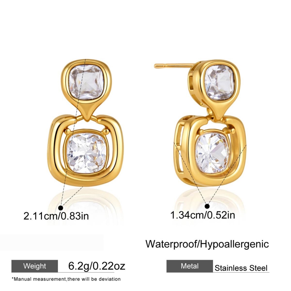 Boucles D'Oreilles Puces Élégantes En Forme De Rectangle Patchwork, En Acier Inoxydable Imperméable, Couleur Or, Avec Zircon, Collection Luxueuse