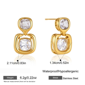 Boucles D'Oreilles Puces Élégantes En Forme De Rectangle Patchwork, En Acier Inoxydable Imperméable, Couleur Or, Avec Zircon, Collection Luxueuse h5