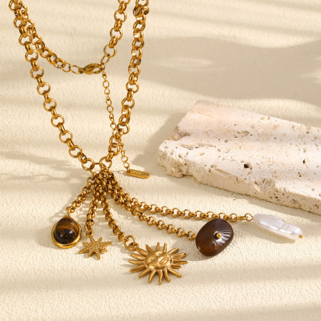 Colliers pendentifs pour femmes, série luxueuse rétro, pompon soleil, acier inoxydable étanche, couleur or