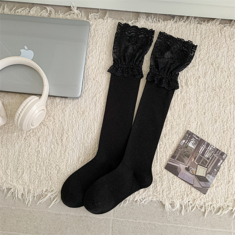 Chaussettes Mi-Mollet Élégantes Pour Femmes, Couleur Unie, Empiècements En Dentelle, En Coton Doux.