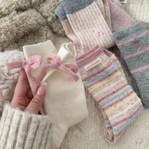 Chaussettes Mi-Mollet En Laine À Rayures Basiques Et À Carreaux Pour Femmes, Avec Motif Cœur Et Contraste De Couleurs h5 Image5