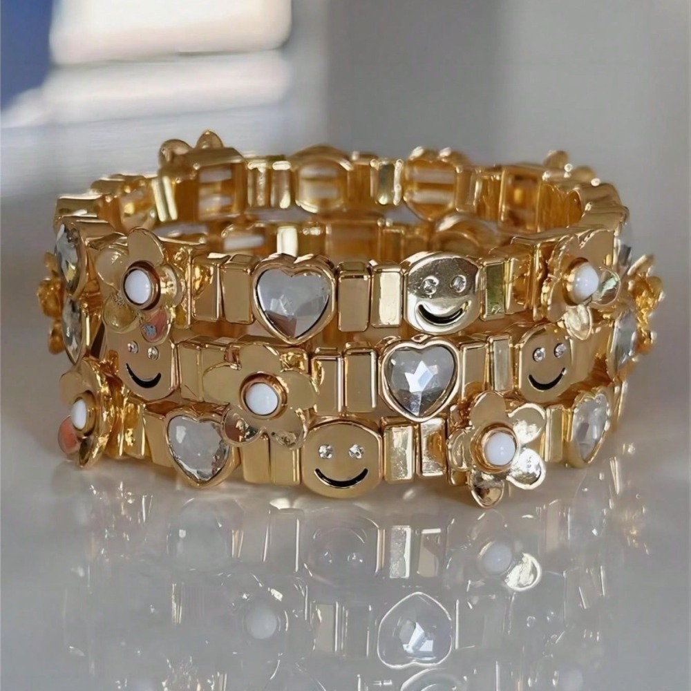 Ensembles De Bracelets Pour Femmes En Alliage Doré, Motif Cœur Souriant, Collection Quotidienne De Luxe