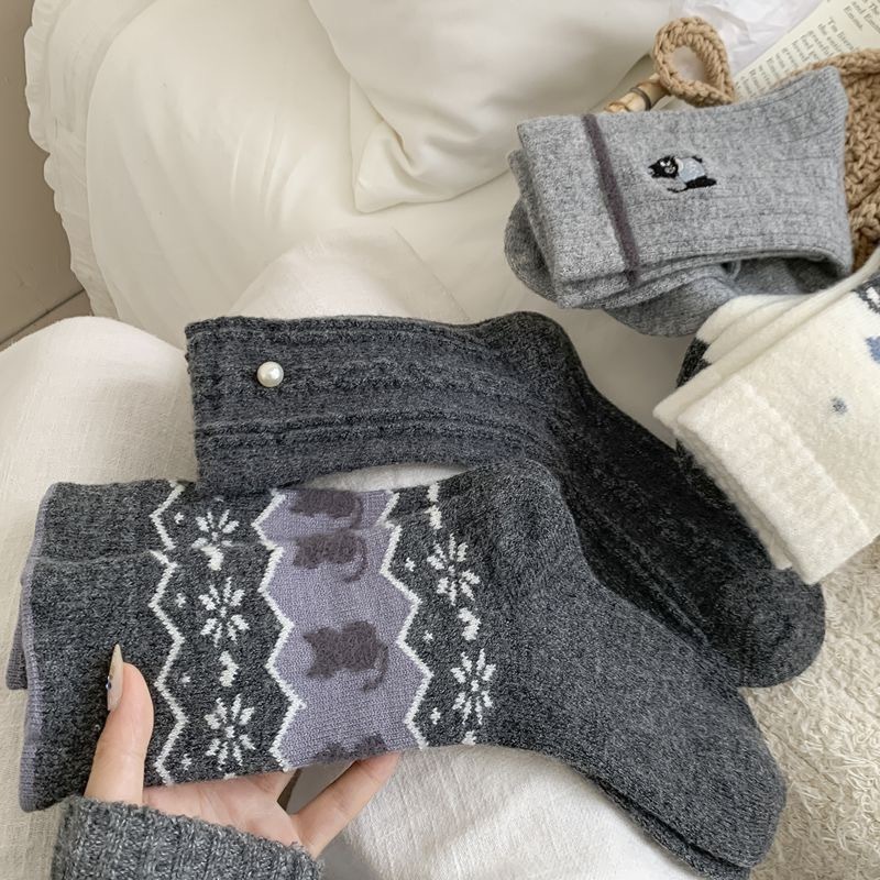 Chaussettes Mi-Mollet Élégantes En Laine Unie À Motifs Animaliers Pour Femmes Image5