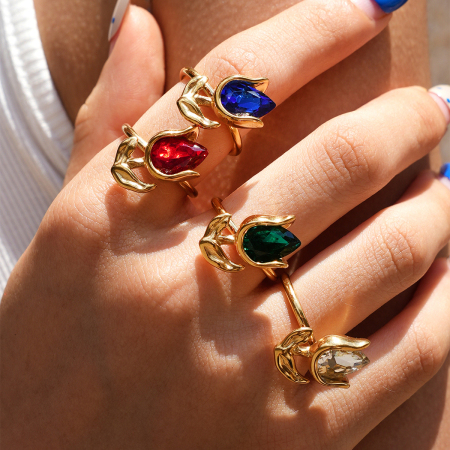 Bagues En Acier Inoxydable Étanches Couleur Or Avec Zircon, Collection Simple Series Daily Flower