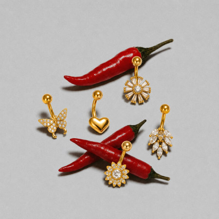 Piercing de nombril élégant en forme de fleur, de cœur et de papillon, couleur cuivre et or, zircon