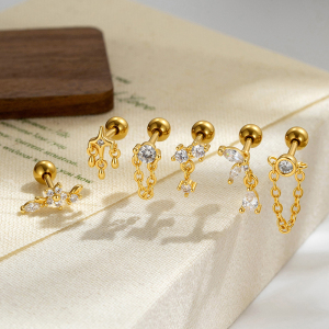 Boucles D'Oreilles Piercing Pour Femmes, Collection Simple, Motif Fleur, Couleur Cuivre Doré Et Zircon. h5 Image4