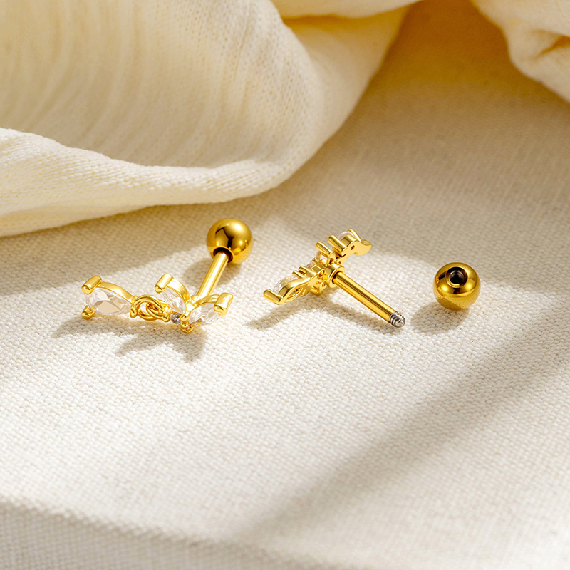 Boucles D'Oreilles Piercing Pour Femmes, Collection Simple, Motif Fleur, Couleur Cuivre Doré Et Zircon. h5Image2