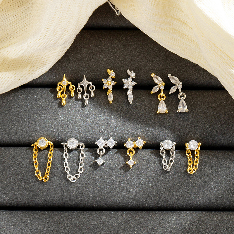 Boucles D'Oreilles Piercing Pour Femmes, Collection Simple, Motif Fleur, Couleur Cuivre Doré Et Zircon. h5Image3