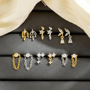 Boucles D'Oreilles Piercing Pour Femmes, Collection Simple, Motif Fleur, Couleur Cuivre Doré Et Zircon. h5 Image3