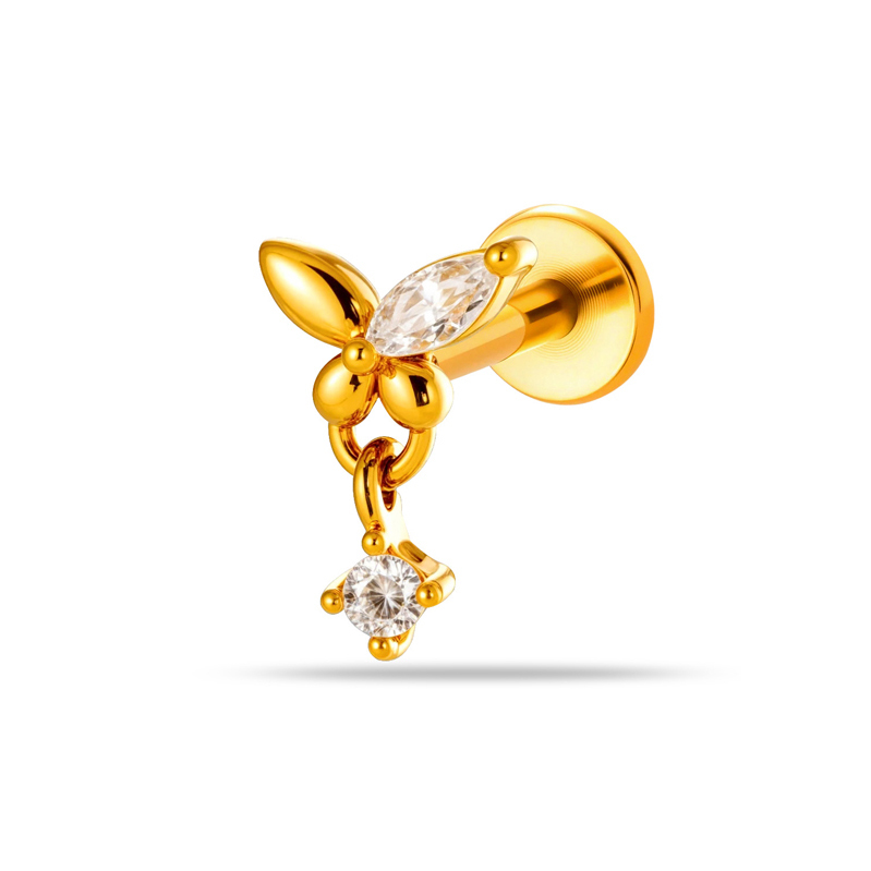 Boucles D'Oreilles Piercing Pour Femmes, Collection Simple, En Acier Inoxydable, Motif Cœur, Étoile Et Papillon, Couleur Or, Avec Zircon. h5Image2