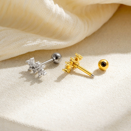 Boucles D'Oreilles Piercing Pour Femmes, Collection Simple, Motif Fleur Et Lune, Couleur Cuivre Doré Et Zircon. 2