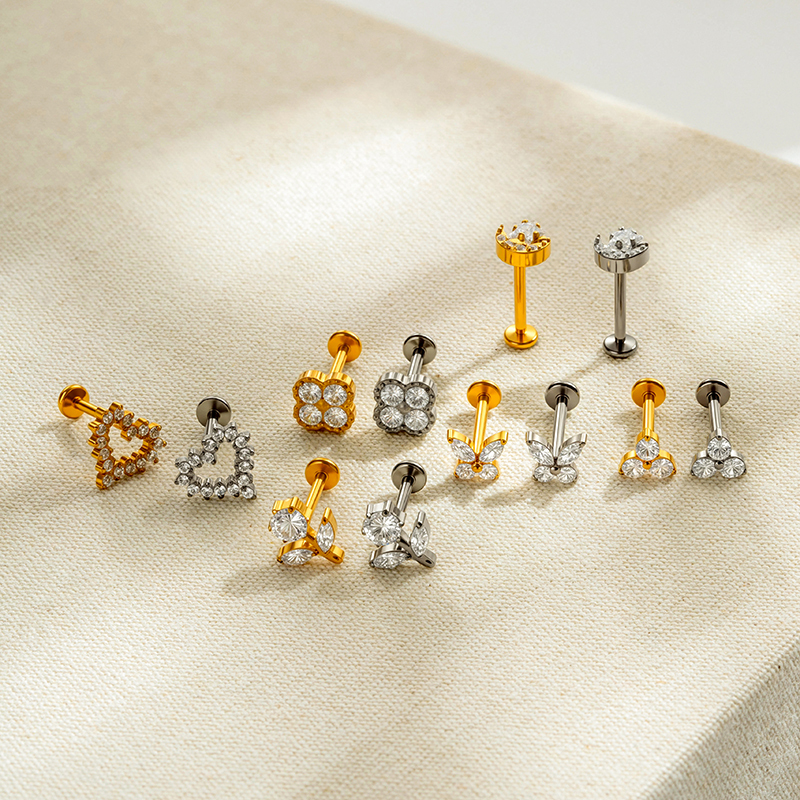 Boucles D'Oreilles Piercing Pour Femme, Collection Simple, Motif Fleur, Cœur, Étoile Et Papillon, En Alliage De Titane Doré Et Zircon. Image6