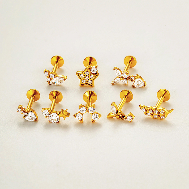 Boucles D'Oreilles Piercing Pour Femmes, Collection Simple, En Acier Inoxydable, Motif Cœur, Étoile Et Papillon, Couleur Or, Avec Zircon. h5Image4
