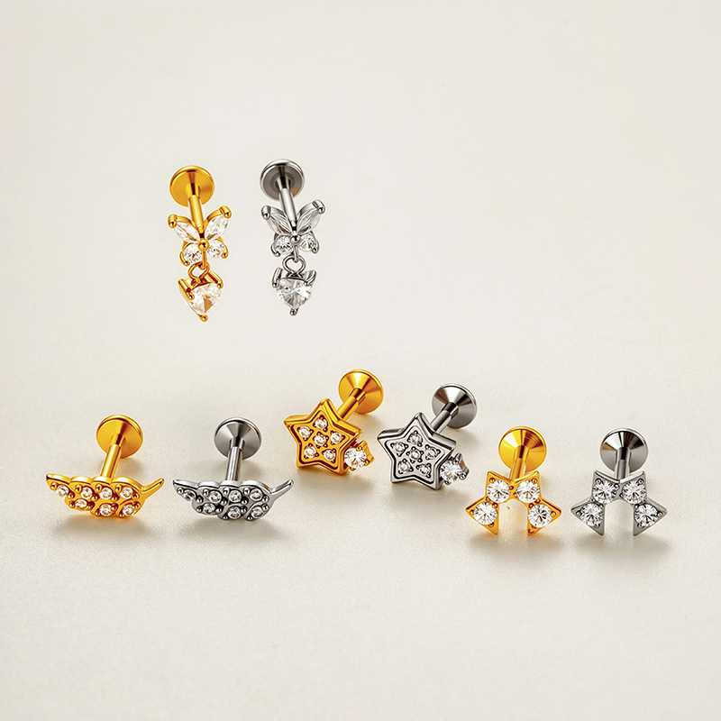 Boucles D'Oreilles Piercing Pour Femmes, Collection Simple, En Acier Inoxydable, Motif Cœur, Étoile Et Papillon, Couleur Or, Avec Zircon. h5Image6