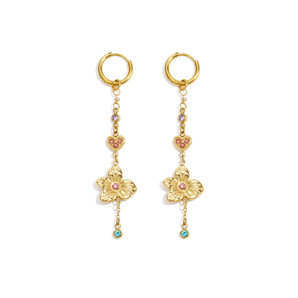 Boucles D'Oreilles Pendantes Rétro À Motif Floral En Acier Inoxydable, Étanches, Couleur Or Et Zircon. Image4