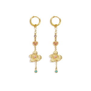 Boucles D'Oreilles Pendantes Rétro À Motif Floral En Acier Inoxydable, Étanches, Couleur Or Et Zircon. h5 Image4