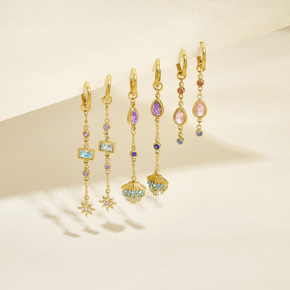 Boucles D'Oreilles Pendantes Pour Femmes, En Acier Inoxydable, Étanches, Couleur Or, Avec Zircon, En Forme De Goutte Image2