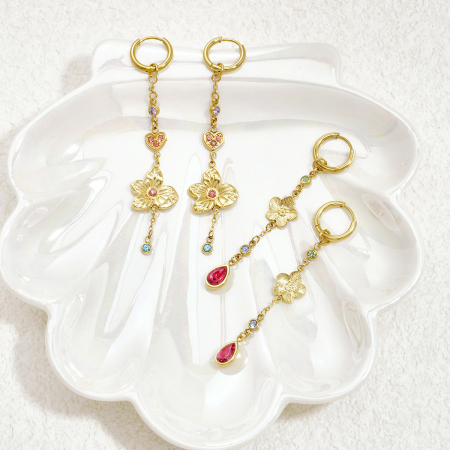 Boucles d'oreilles pendantes rétro à motif floral en acier inoxydable, étanches, couleur or et zircon.
