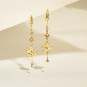 Boucles D'Oreilles Pendantes Rétro À Motif Floral En Acier Inoxydable, Étanches, Couleur Or Et Zircon. h5 Image3