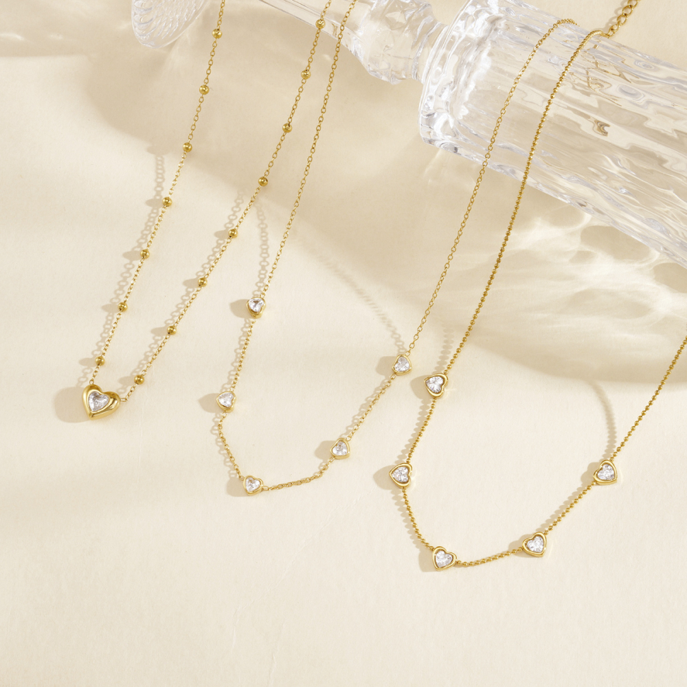 Colliers À Maillons Pour Femmes En Acier Inoxydable, Étanches, Couleur Or, Avec Zircon Et Motif Cœur Image3