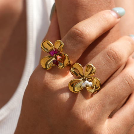 Bagues En Acier Inoxydable Étanches Couleur Or Avec Zircon Et Perles Artificielles, Ornées De Fleurs