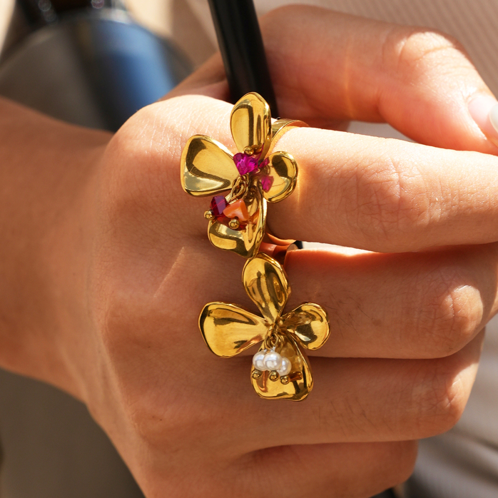 Bagues En Acier Inoxydable Étanches Couleur Or Avec Zircon Et Perles Artificielles, Ornées De Fleurs Image3