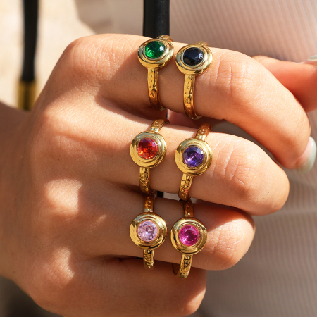 Bague Ronde En Acier Inoxydable Étanche Couleur Or Avec Pierre Précieuse Zircon