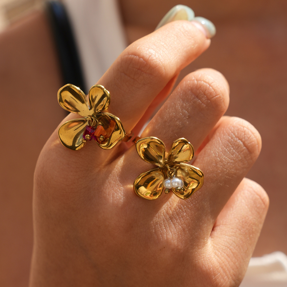 Bagues En Acier Inoxydable Étanches Couleur Or Avec Zircon Et Perles Artificielles, Ornées De Fleurs Image4