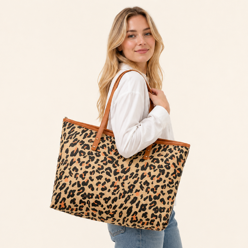 Sac Cabas Femme En Coton Imprimé Léopard Style Décontracté h5Image2