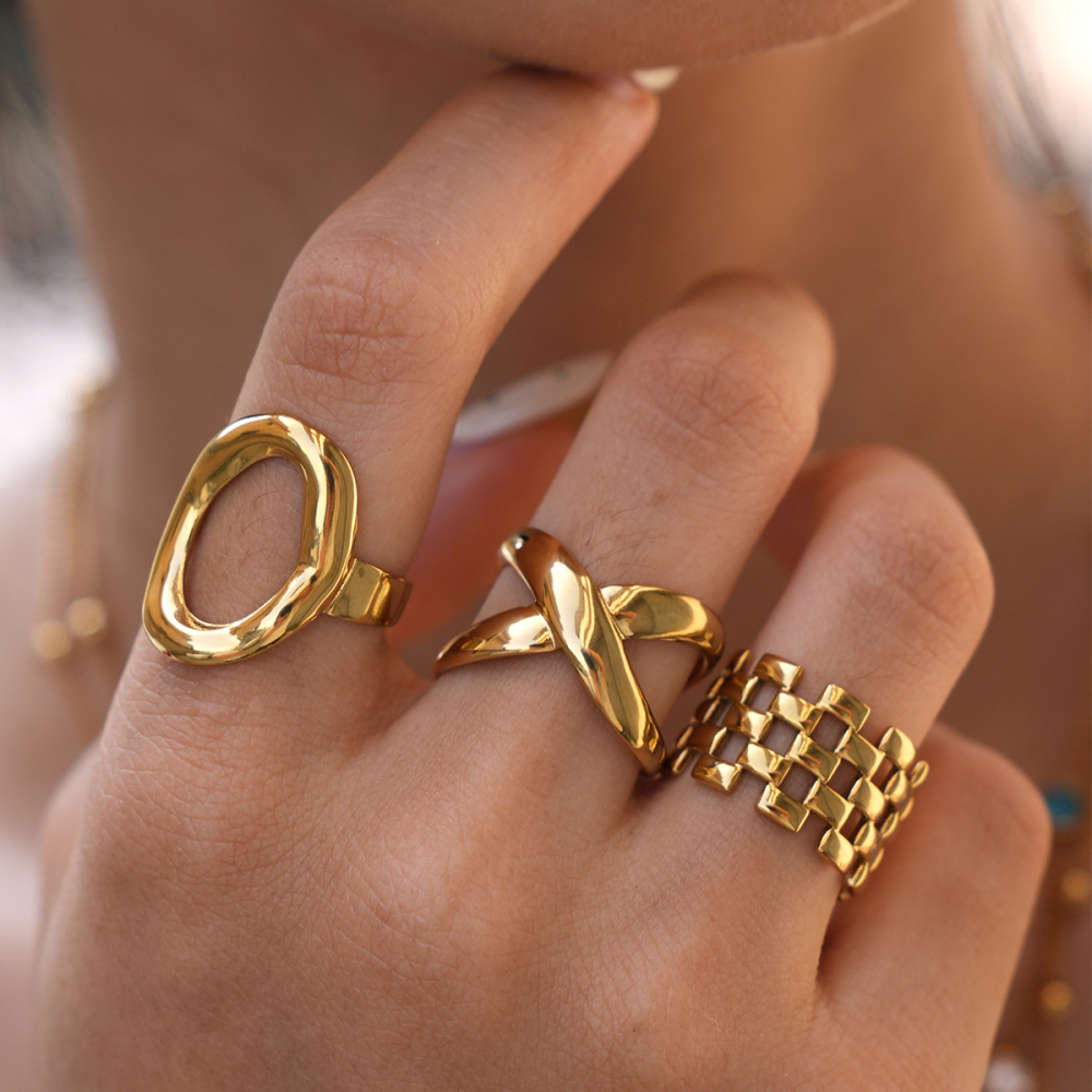 Bagues Tendance Quotidiennes En Acier Inoxydable, Couleur Or, Forme Irrégulière, Étanches, Collection Simple Series Image2