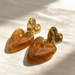 Boucles D'Oreilles Pendantes Pour Femme, Collection Romantique, En Résine Et Acier Inoxydable Doré, Motif Cœur. h5 Image2