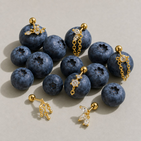Boucles D'Oreilles Piercing Pour Femmes, Collection Simple, Motif Fleur, Couleur Cuivre Doré Et Zircon.