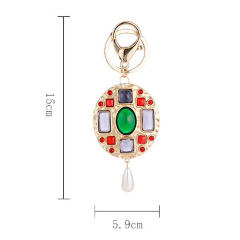 Porte-Clés Classique Rétro En Alliage Et Pierre Artificielle, Forme Géométrique Multicolore, Style Rétro. Image2