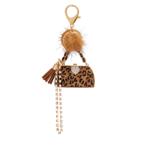 Porte-Clés Simple Series Retro Cœur Imprimé Léopard Chaîne À Pompon En Alliage Strass