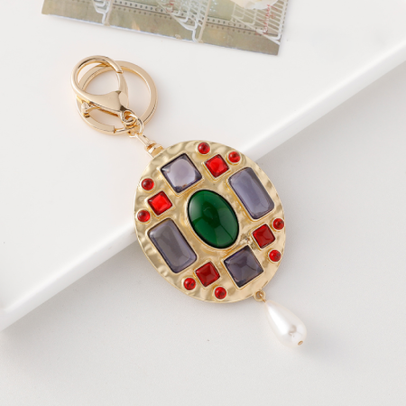 Porte-Clés Classique Rétro En Alliage Et Pierre Artificielle, Forme Géométrique Multicolore, Style Rétro.