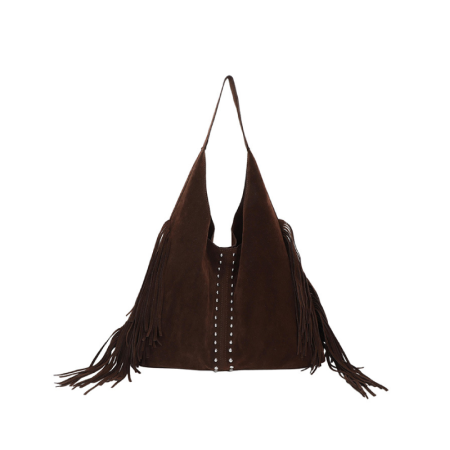 Sacs Cabas À Bandoulière Pour Femmes, Style Bohème, À Pompons Cloutés Et Rivets, Couleur Unie, En Daim.