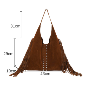 Sacs Cabas À Bandoulière Pour Femmes, Style Bohème, À Pompons Cloutés Et Rivets, Couleur Unie, En Daim. h5 Image10
