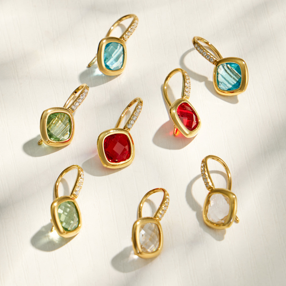 Boucles D'Oreilles Pendantes Pour Femme, Collection Luxueuse, Forme Géométrique Simple, Acier Inoxydable, Étanches, Couleur Or, Zircon Et Verre. Image2