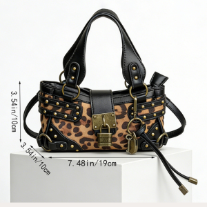 Sacs À Main Carrés Pour Femmes En Pu, Style Streetwear, Avec Quincaillerie Métallique, Patchwork Imprimé Clouté Et Imprimé Léopard, Fermoir À Rivets. h5 Image6