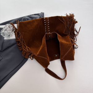 Sacs Cabas À Bandoulière Pour Femmes, Style Bohème, À Pompons Cloutés Et Rivets, Couleur Unie, En Daim. h5 Image6