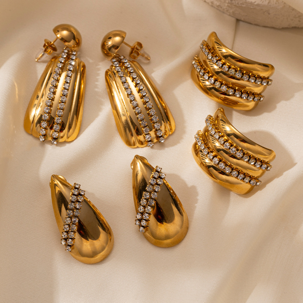 Boucles D'Oreilles Pendantes Pour Femme, En Acier Inoxydable Doré, Forme Géométrique Goutte, Étanches, Zircon, Collection Luxueuse. Image2