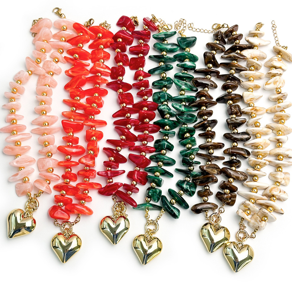 Colliers De Perles Pour Femmes, Collection Simple Series, Style Rétro, Forme Irrégulière, Cœur, En Résine Couleur Or Image2