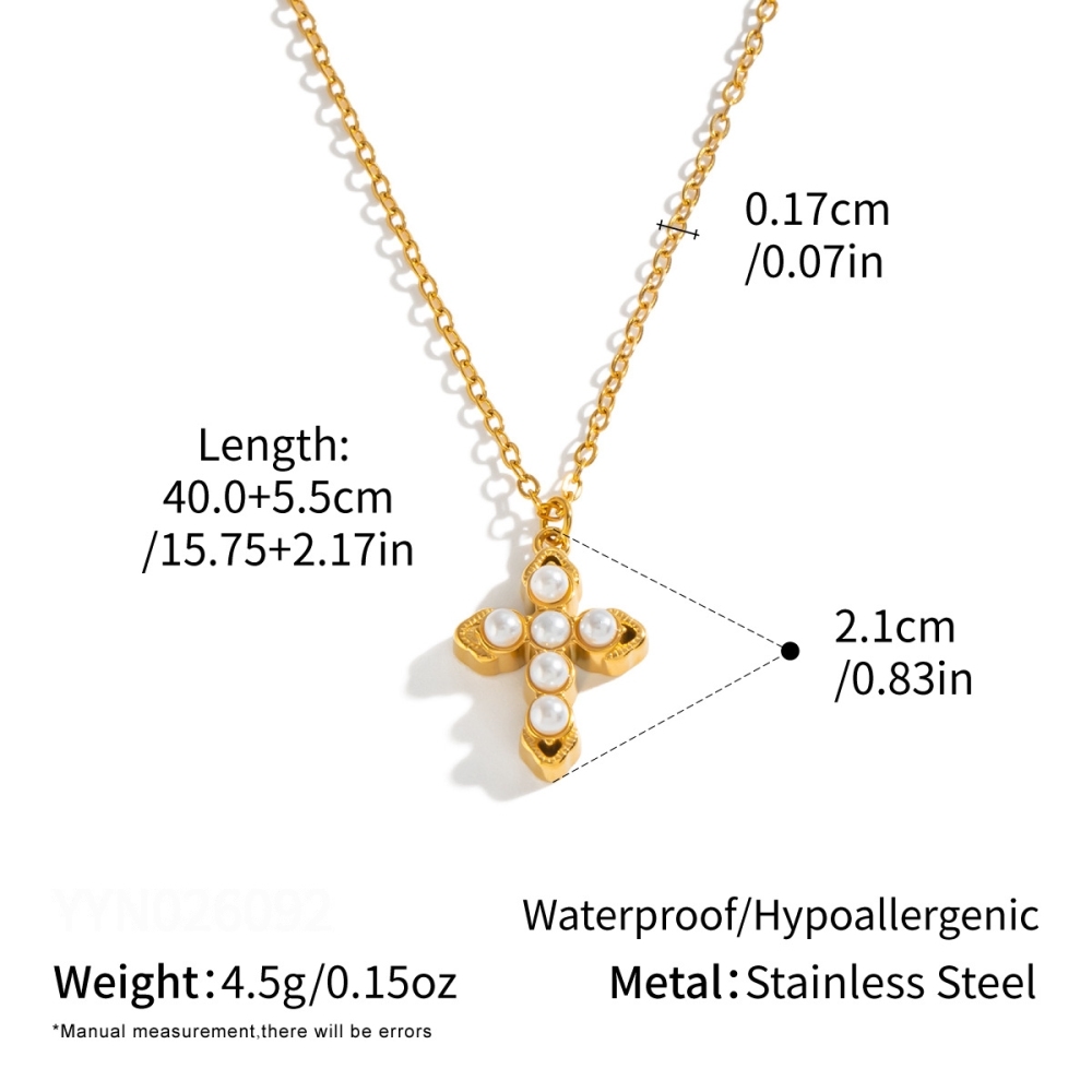 Colliers Pendentifs Pour Femmes En Acier Inoxydable En Forme De Croix, Couleur Or, Perle Et Zircon
